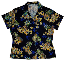 Load image into Gallery viewer, Women's Hawaiian Aloha Shirt - Golden Pineapple Navy