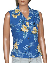 Load image into Gallery viewer, Women's Hawaiian Aloha Sleeveless Shirt - Orchid Fern Blue