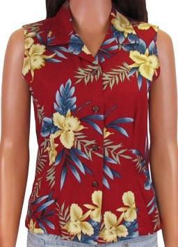 Women's Hawaiian Aloha Sleeveless Shirt - Orchid Fern Red