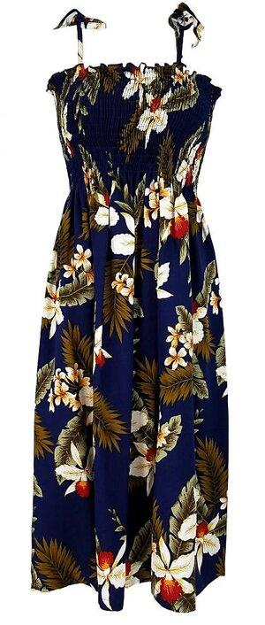 Women's Maxi Hawaiian Dress - Hawaiian Orchid Navy Short / Navy Women's Maxi Hawaiian Dress - Hawaiian Orchid Navy Short / Navy