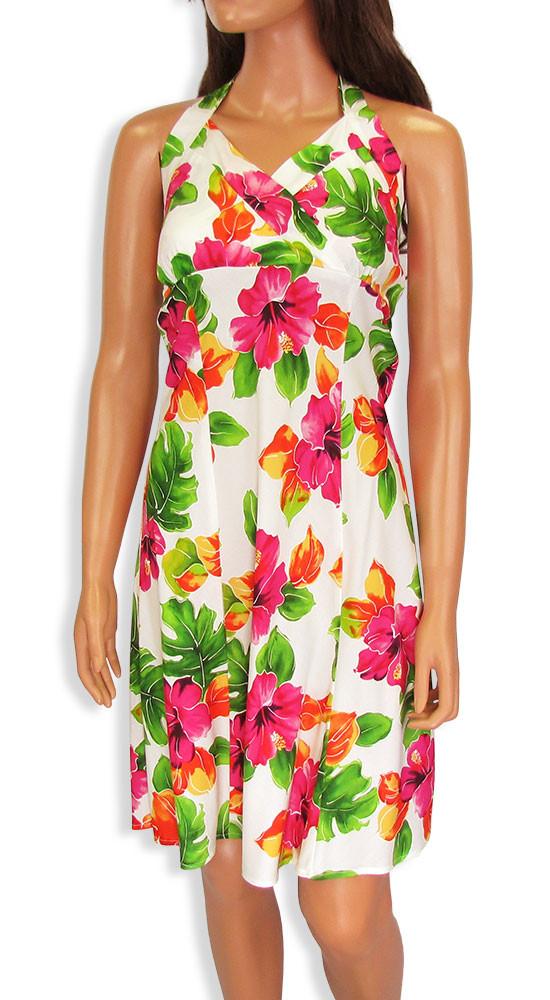 Womens Hawaiian Mid-Length Dress - Hibiscus Watercolor White