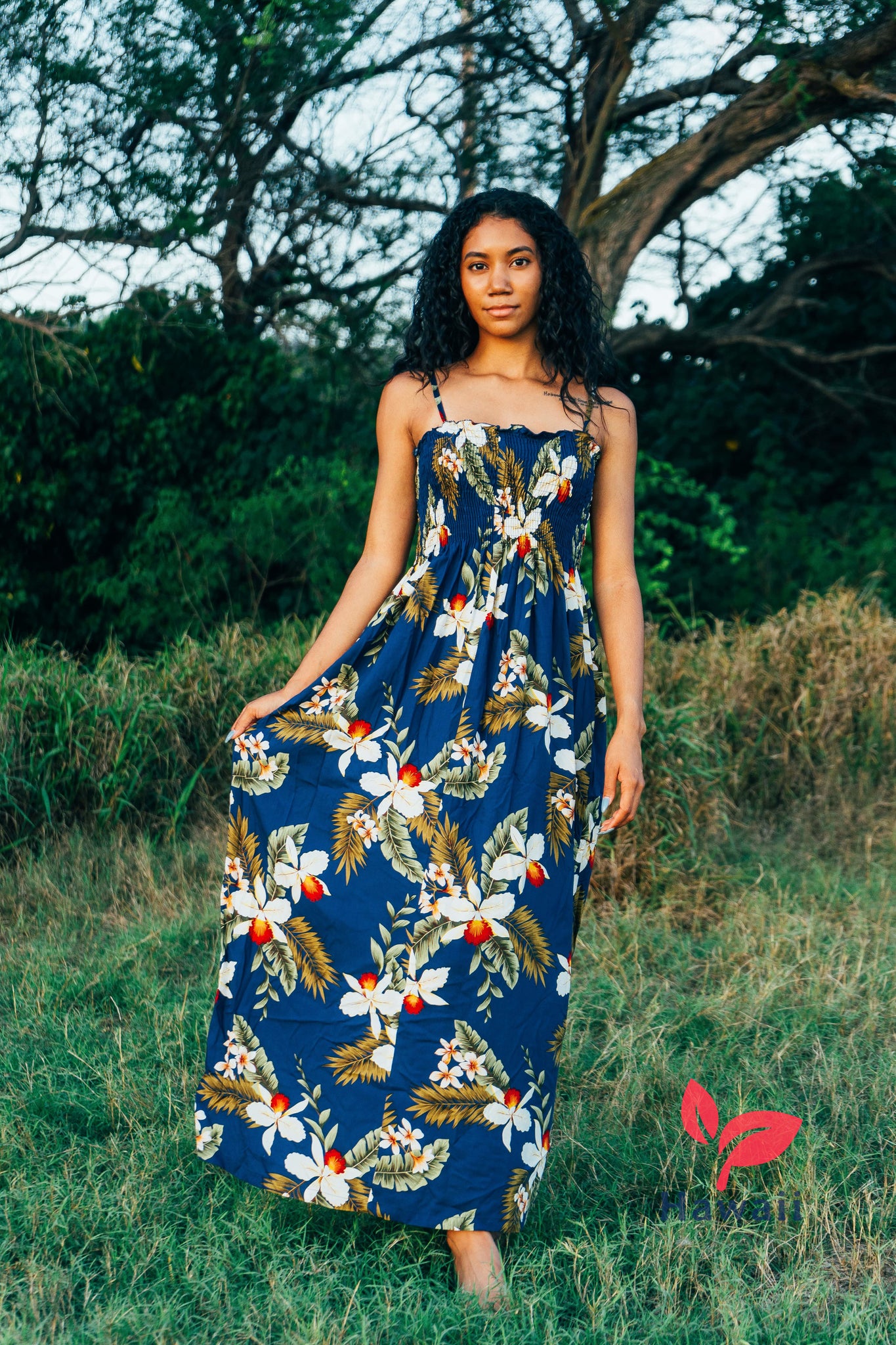 Women's Maxi Hawaiian Dress - Hawaiian Orchid Navy Two Leaf Hawaii Women's Maxi Hawaiian Dress - Hawaiian Orchid Navy Two Leaf Hawaii